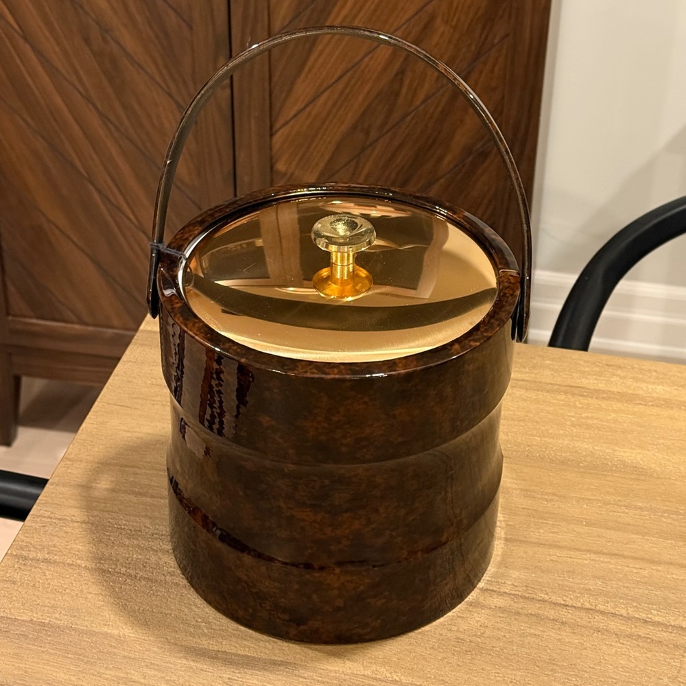 Vintage Tortoise Shell Ice Bucket MCM Barware with gold lid